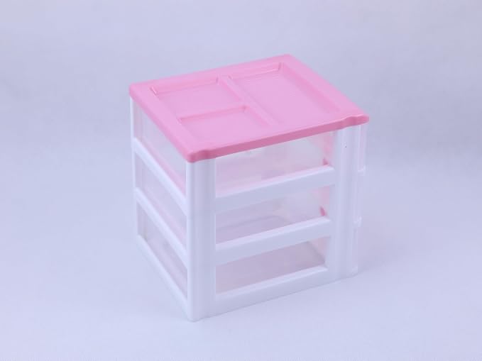 Pink 3-Tier Desk Organizer – Compact Plastic Storage Box for Makeup, Jewelry, School Supplies & Art Crafts – Desktop Tidy for Bedroom Vanity or Dorm Room (Classical)