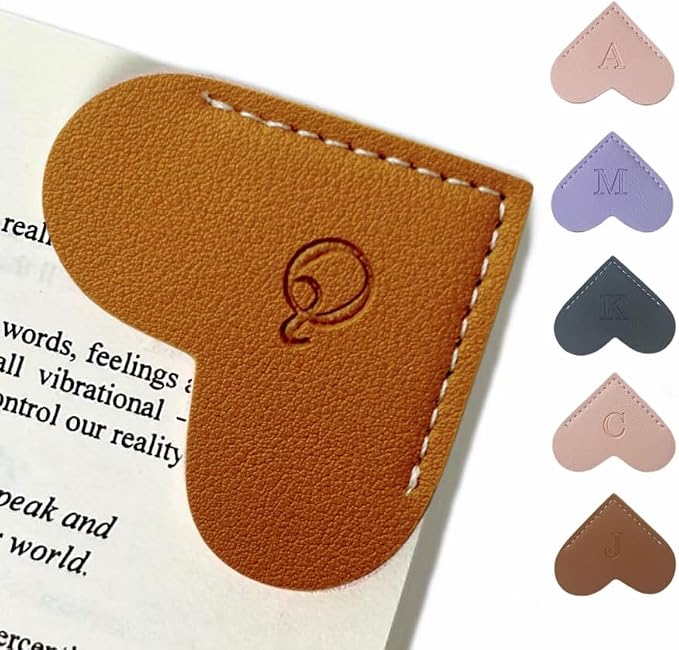 Personalized Leather Book Marks, Heart Bookmark, Unique Cute Handmade Letter Bookmarks Accessories for Reading Women, Teacher, Student, Book Lovers Book Mark Gifts (Brown, Q)