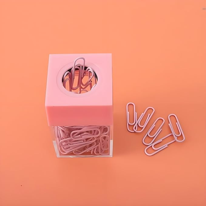 Paper Clip Dispenser Holder,Desk Organizer with Magnetic Top for Office and School Multi-Use Clips and Binder Clips Holder Portable Square Desktop Paper Clip Storage Box Office Supplies（Pink ）