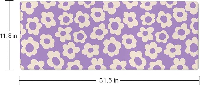 Gaming Large Mouse Pad with Stitched Edges, Vintage Groovy Flowers Purple Desk Mat, Extended Keyboard Pad, Non-Slip Rubber Base Desk Pad for Keyboard and Mouse, 31.5X11.8 inch