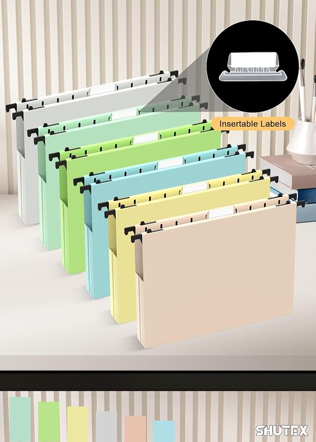 SHUTEX Hanging File Folders Letter Size, 12 Pack File Folders Hanging with Tabs, File Cabinet Hang Folder, 1 Inch Plastic Filing Folders Hanging Expandable File Organizer, Office Supplies, Pastel