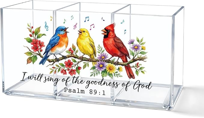 Chistian Bird Acrylic Pen Holder for Desk, I Will Sing Of The Goodness Of God Psalm 89:1 Bible Verse Desk Organizer for Office Home, Back to School Gifts for Women Teachers Coworkers Friends