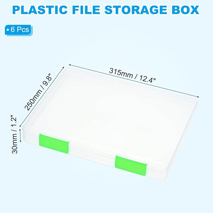 PATIKIL Clear A4 File Portable Project Case with Buckle Plastic Storage Box for 8.5" x 11" Letter Paper Scrapbook Paper Storage Boxes, 6Pcs, 12.4"x9.8"x1.2", Light Green