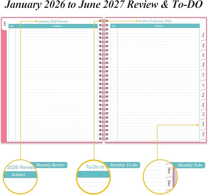 2026-2027 Monthly Planner - 18 Monthly Calendar, January 2026 - June 2027, Two Pages Per Month, 9" x11" Planner with Tabs, Strong Twin-Wire Binding, Inner Pocket, Pink