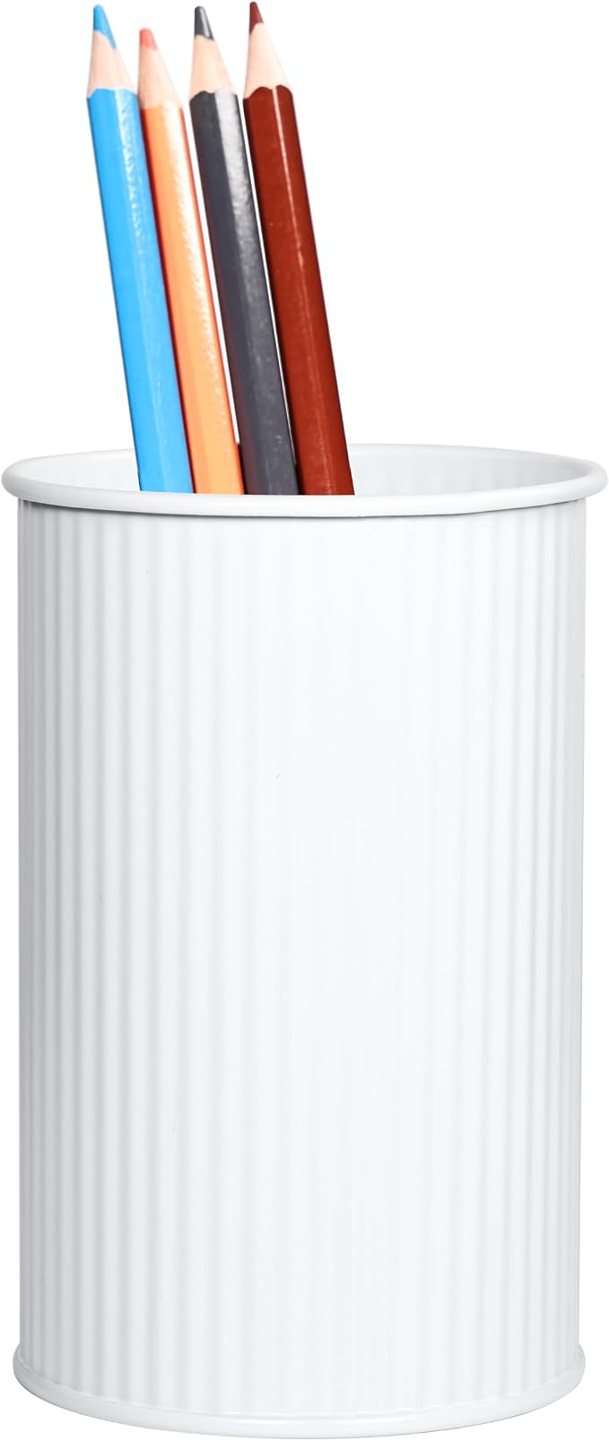 Metal Pen Holder with Vertical Groove Design, Multipurpose Desk Organizer Cup for Pens, Makeup Brushes, Utensils, Straws & Small Vase, Solid White