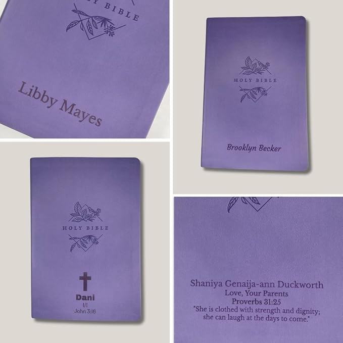 Personalized NLT Bible New Living Translation Thinline Faux Leather Holy Bible with Custom Name in Dark Purple | Large Print | Custom Gift for Religious Celebrations | Lavender/Purple