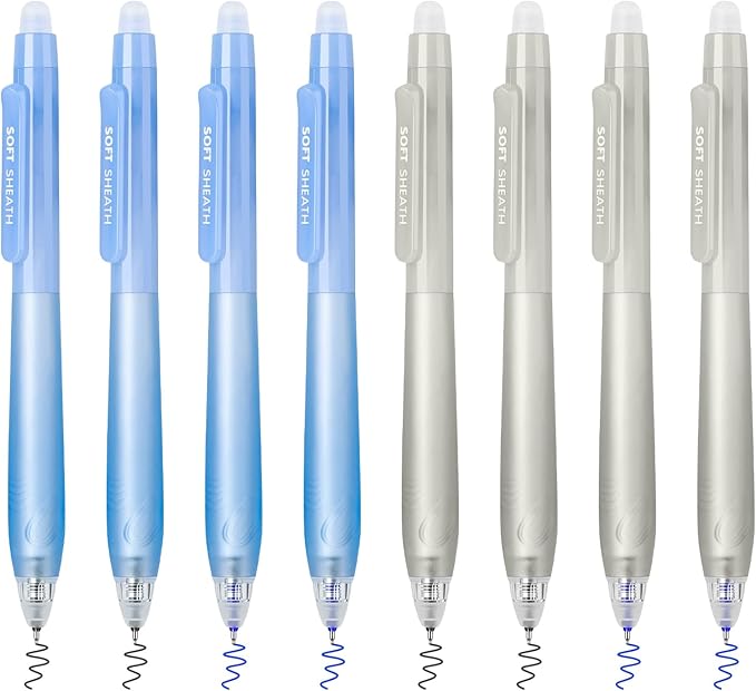 Temiary 8 PCS Retractable Erasable Pens (4 Black & 4 Blue), Heat Sensitive 0.5 mm Fine Point Erasable Gel Ink Pen, Eraser Pen for Journaling Crossword Puzzles School Office Supplies (Blue & Grey)