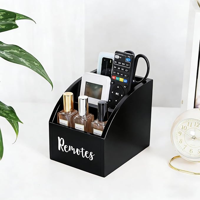 Rustic Vintage Wooden Desk Organizer Farmhouse Wood Remote Control Caddy, 3 Slot Tabletop Desktop Office Supply Storage Rack Desktop TV Remote Control Holder Home Decor Office Supplies Storage (Black)