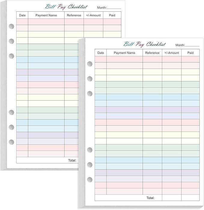 (2-Pack) Payment Checklist Refills - 100 Sheets/200 Pages Colorful Monthly Budget Forms for A5 Binder, 6 Hole Punched, 100 gsm White Paper, 5.8" x 8.3"