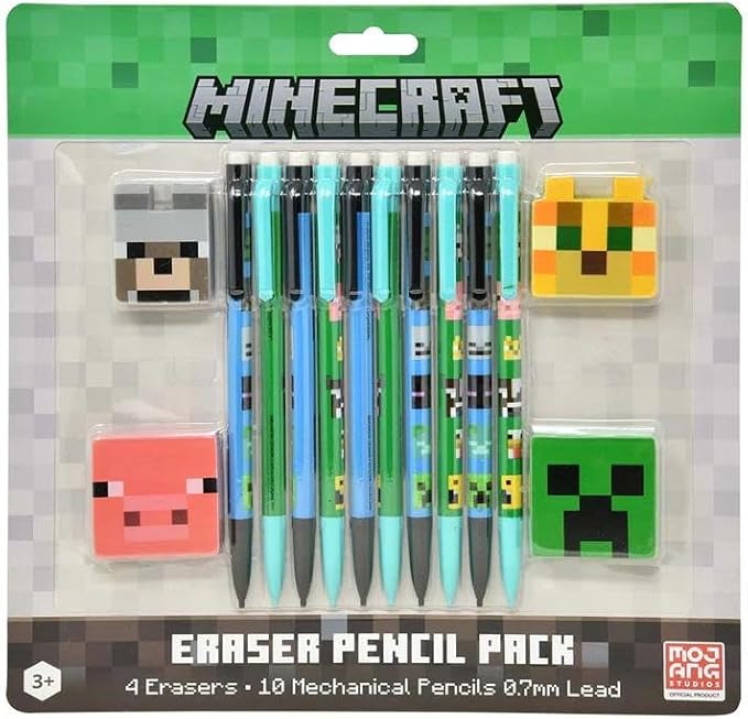 Minecraft Mechanical Pencil and Eraser Set – 10-Pack 0.7mm Pencils + 4 Minecraft Character Erasers – Kids School Supplies
