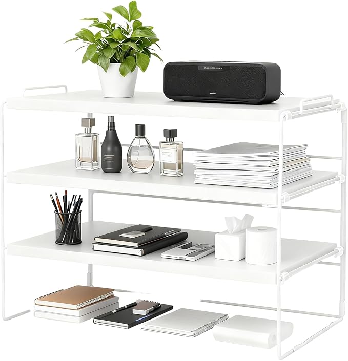 PowerKing Desk Shelf Organizer, 3-Tier Desktop Shelves with Wood Board, Adjustable Bookshelf Storage Rack for Home Office School Study Room (White Frame + White Wood)