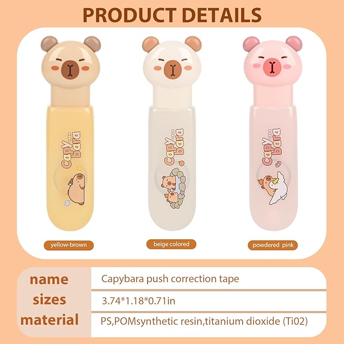 Cute Capybara Correction Tape,Mini Retractable Correction Tape Pen,with Aesthetic Cute Cartoon Capybara Applicator,for Back To School Office Supplies