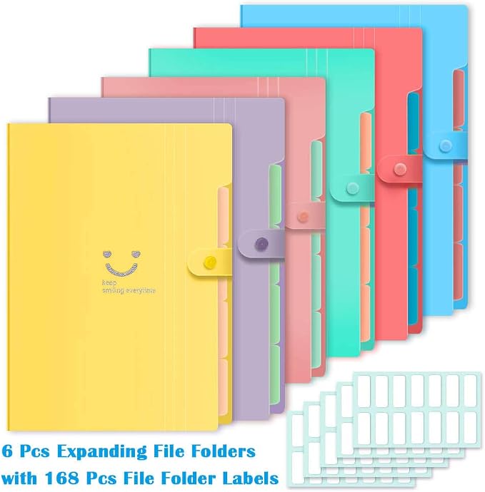 Selizo 6 Pcs Expanding File Folder with 5 Pockets Organizer Plastic A4 Size and 168 Pcs File Folder Labels for School Teacher and Office