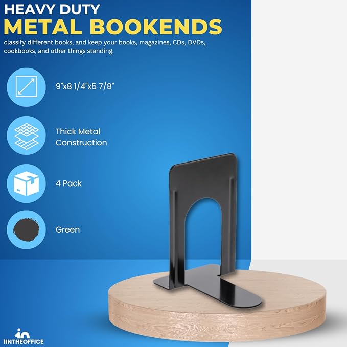 1InTheOffice Black Metal Bookends, 4/Pack - 8 1/4" x 5 7/8" x 9" Heavy Duty