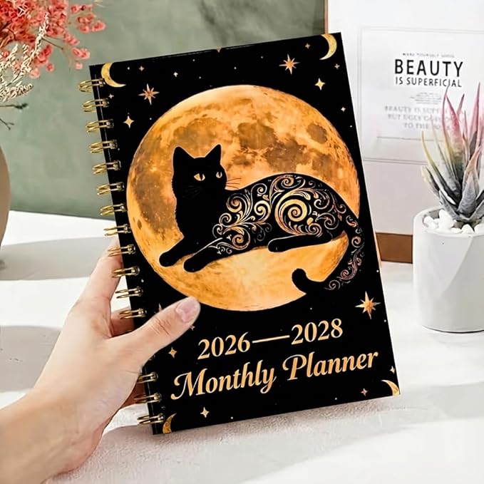 1Pc Black & Golden 2026-2028 Planner Gold Cat Tarot Spiral Gothic Moon Phase Diary, A5 Monthly Calendar & Undated Notebook, Witchy Gift for Cat Lovers