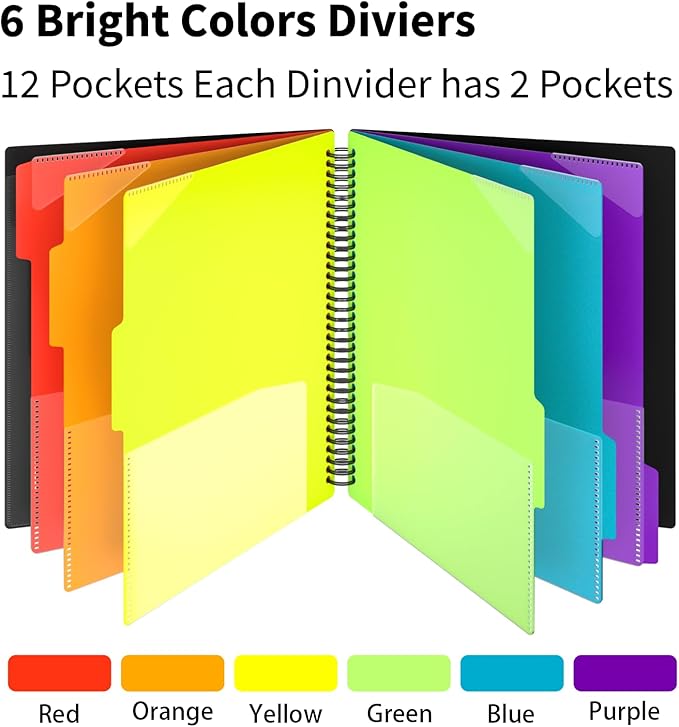 12 Pocket Project Organizer, 6 Colors Multi Pocket Folder Binder with Dividers, Spiral Pocket Notebook with Zipper Pouch, Office Organizer File Folders, Letter Size, School Supplies, Black