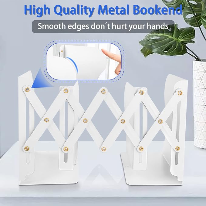 Non Skid Book Ends to Hold Books, Carooyac Heavy Duty Bookends Adjustable Book End, Metal Bookends for Shelves, White Book Holders Organizer for Bookshelf Desk - Extends up to 19"