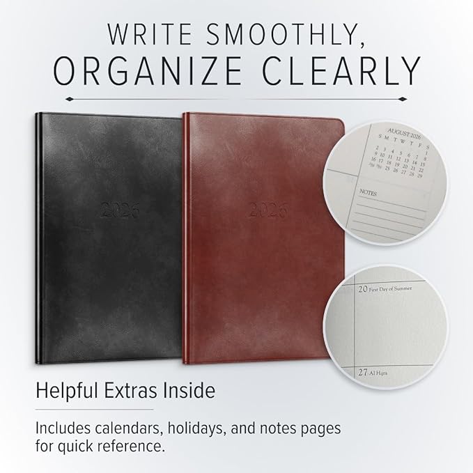 Gallery Leather Desk Weekly Monthly Planner 2025-2026, Elegantly Bound Calendar Planner and Notebook with Stylish Gold-Gilded Page Edges, 12 Months - Acadia Plum - 8 x 5.5 "