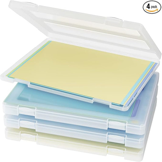 Denkee 4 Pack A4 Paper Organizer Box, Plastic Scrapbook Paper Organizer Containers for Craft and Arts Storage, Portable Board Game Storage for Art Supplies 8.5" x 11" US Letter