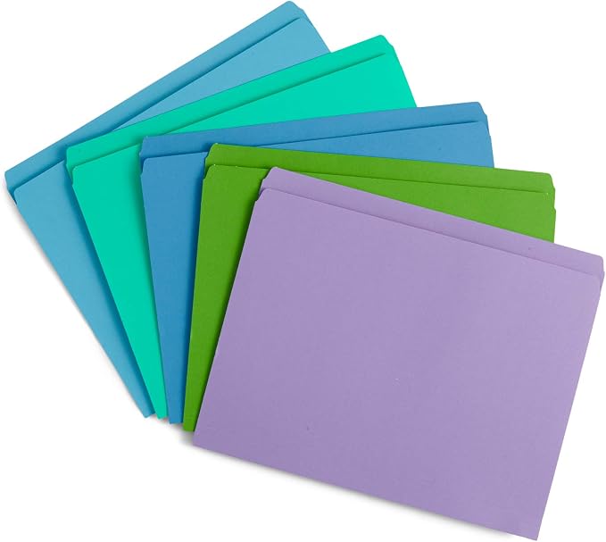 Blue Summit Supplies 100 Straight Cut File Folders, Ocean Tones, Letter Size, Assorted Blue, Green, and Purple Color File Folders, Single Tab, 100 Pack