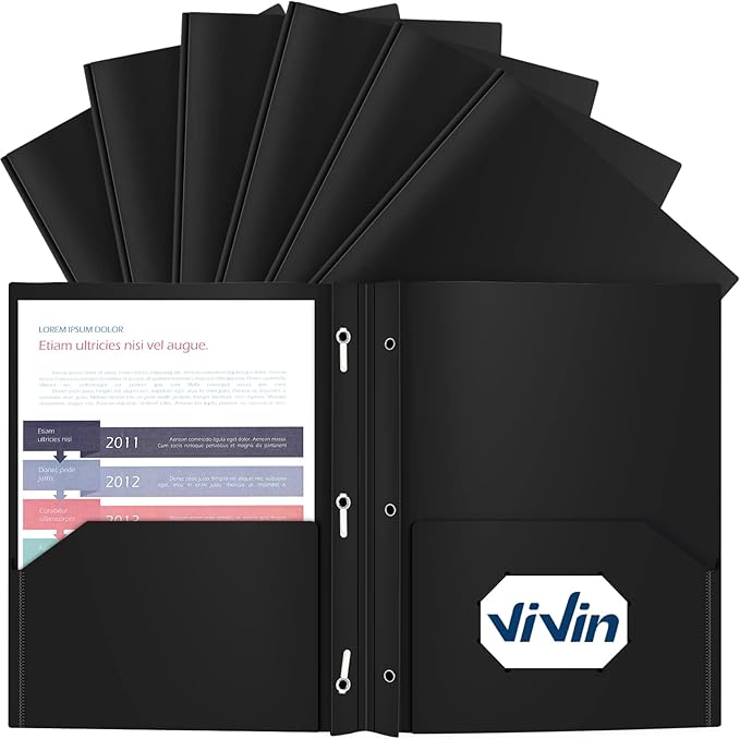 ViVin 12 Pack Plastic Folders with Pockets and Prongs, Heavy Duty 2 Pocket Folders with 3-Prong Fasteners, Poly File Holds 8-1/2" x 11" Paper for School Office Home (Black)