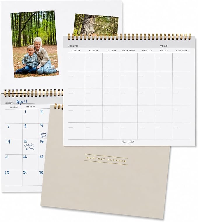 Paper 'n Such- Blank Calendar, Undated Monthly Planner, Simple Desk Agenda -DIY Custom Scrapbook for Photos -15 Sheets, Spiral Bound, Large 8.5x11", Customizable for Home, Office, or School