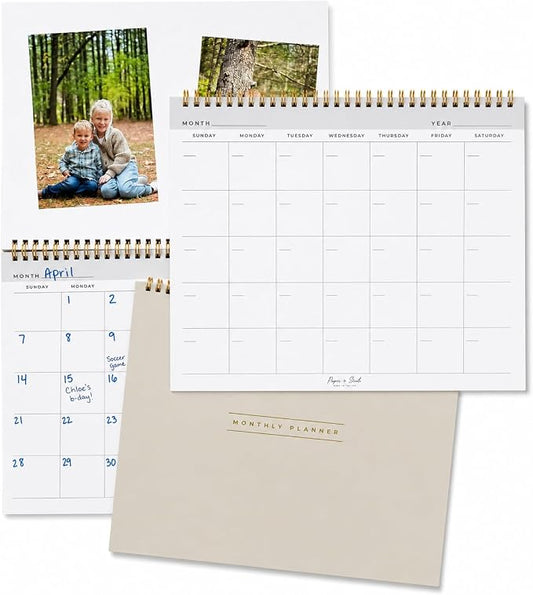 Paper 'n Such- Blank Calendar, Undated Monthly Planner, Simple Desk Agenda -DIY Custom Scrapbook for Photos -15 Sheets, Spiral Bound, Large 8.5x11", Customizable for Home, Office, or School