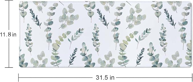 Gaming Large Mouse Pad with Stitched Edges, Watercolor Eucalyptus Branches Pattern Desk Mat, Extended Keyboard Pad, Non-Slip Rubber Base Desk Pad for Keyboard and Mouse, 31.5X11.8 inch