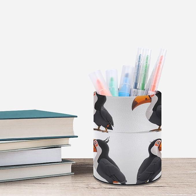 A Friendly Toucan Pencil Holder Round Pen Cup Different Poses PU Leather Marker Holder Makeup Brush Holders Desk Accessories Workspace Organizers for Home School Office