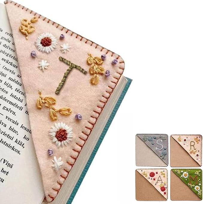 Personalized Hand Embroidered Corner Bookmark, 26 Letters Cute Flower Embroidered Corner Bookmark Embroidery Book Marker Clip for Book Lovers Bookmarks for Reading Lovers Meaningful GIF (Spring, T)