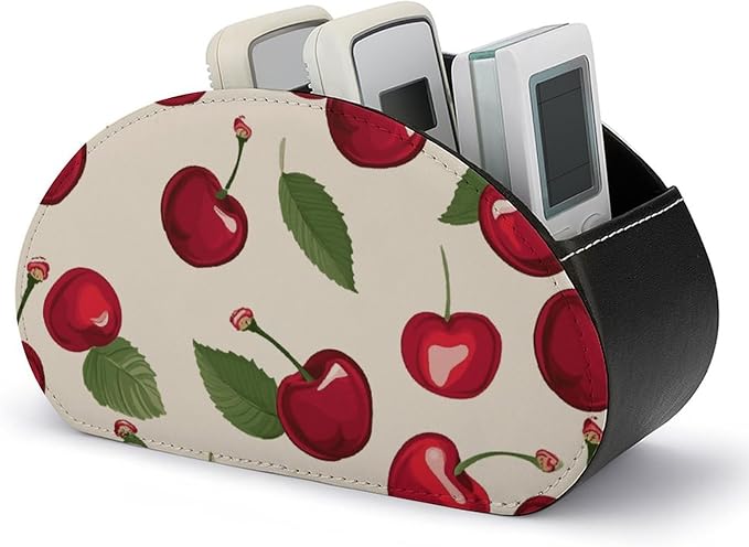 Red Cherry Pattern Remote Control Holder TV Remote Caddy with 5 Compartments PU Leather Storage Box Stylish Desk Organizer for TV/DVD/Accessories Desk Office Supplies Home