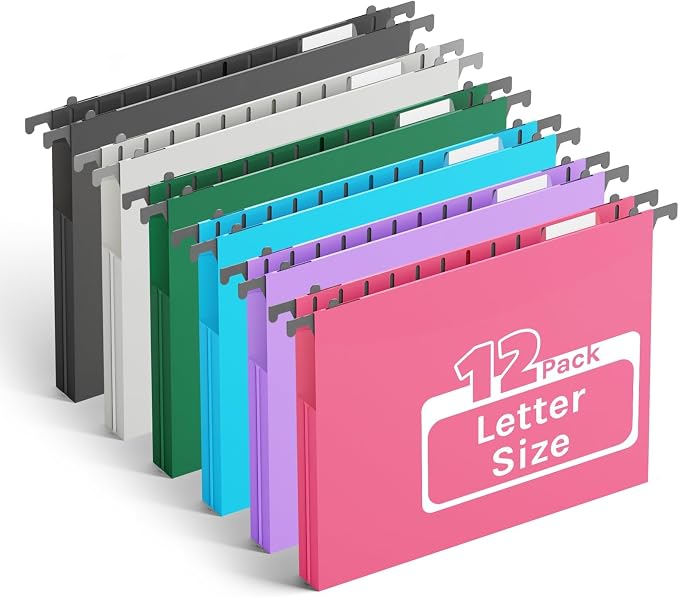 Ansook Letter Size Hanging File Folders Extra Capacity,Heavy Duty 1" Expandable File Folder Organizer,12 Pack Pastel Color File Cabniet Folders,Reinforced Plastic Hang Folders for File Frame Box