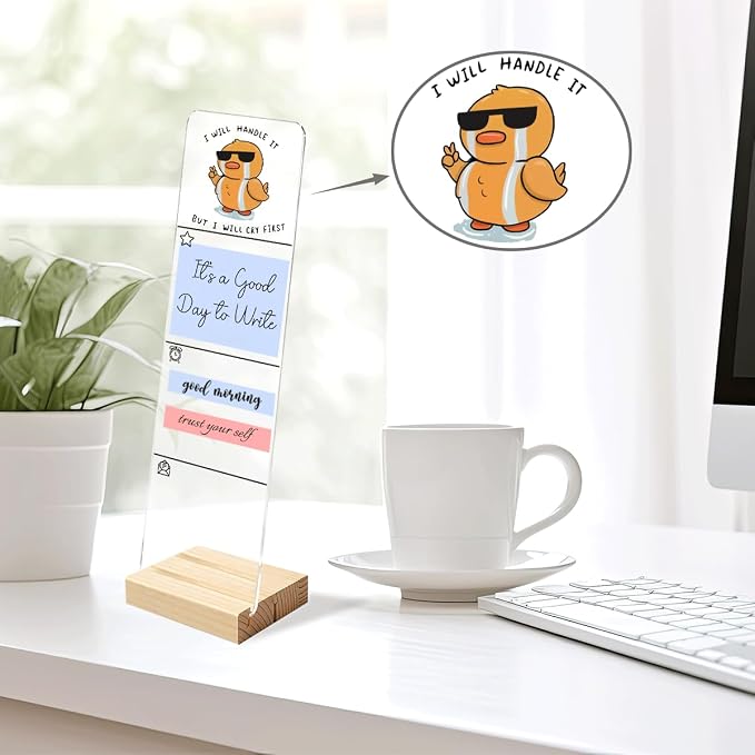 Sticky Notes Monitor Memo Board Acrylic Holder with Removable Wooden Base, But I Will Cry First Logo Desk Set with 200 Sheets Two Sizes Sticky Notes, Office Desk Accessories Organizer