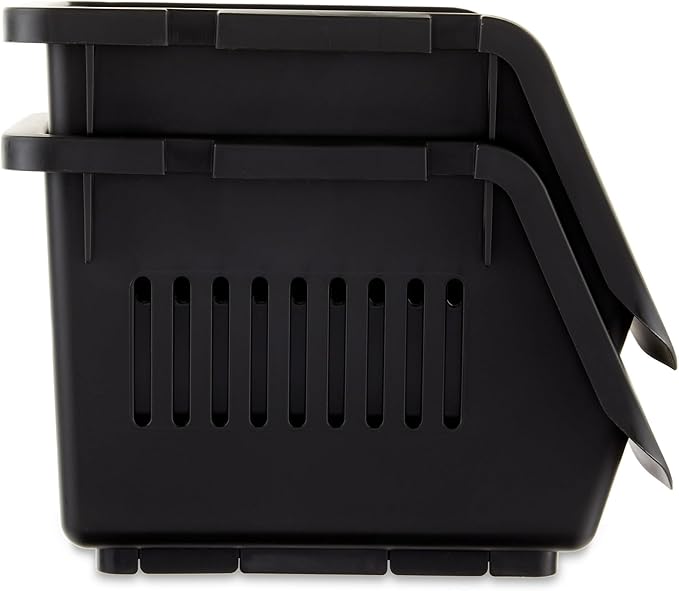 IT'S BRAZILIAN Stackable Storage Bins Set of 2, Plastic Organizer Boxes for Office, Desk, Closet, Black