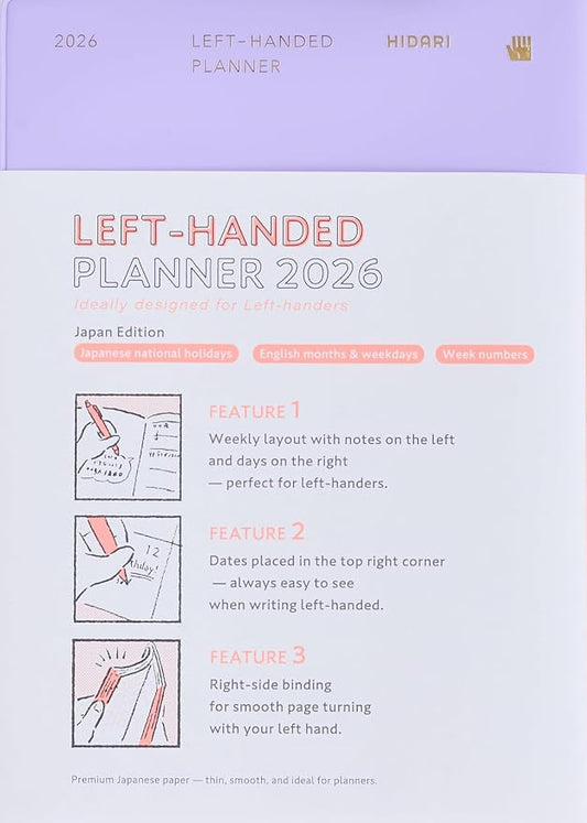 HIDARI Left-handed planner 2026 Japan edition, monthly and weekly, Jan 2026-March 2027, 5×7" (Lavender)