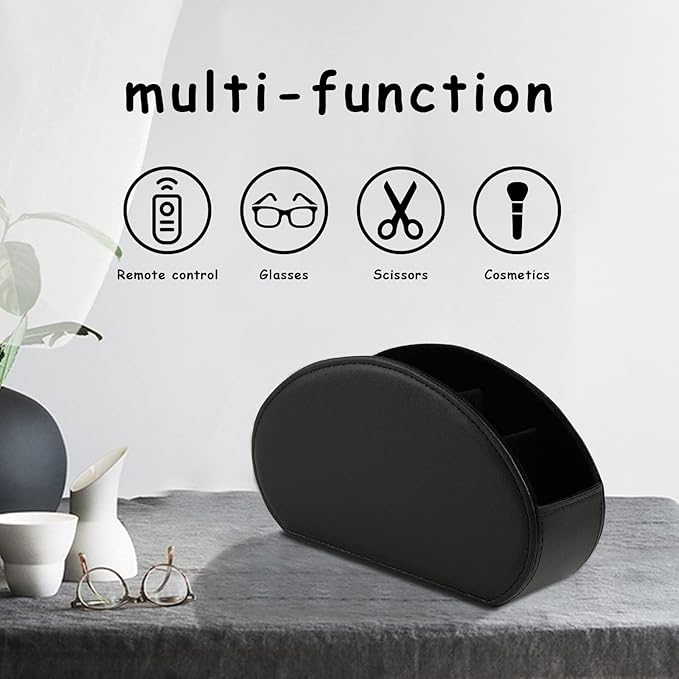 Tv Remote Holder Tray with 5 Compartments,PU Leather Remote Control Holder/Caddy Nightstand Decoration,Placed Media Remote Storage Box/Glasses/Makeup Brush/Office Products/Desktop Organizer (Black)