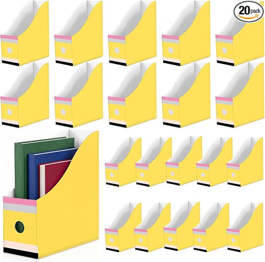 20 Pack Magazine File Holder Set Cardboard Magazine File Folders with Label Stickers Foldable Desk Files Holder Cardboard Book Bins Files Organizer Storage Box For Home Office School (Pencil-Style)