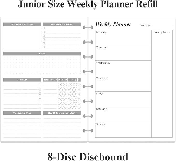 (2-Pack) Weekly Planner Undated Refills - Junior Size 106 Sheets/212 Pages Weekly Planner for 8-Disc Discbound, 100 gsm White Paper, Lasts 1 Year, Undated, 5.8" x 8.3", Black