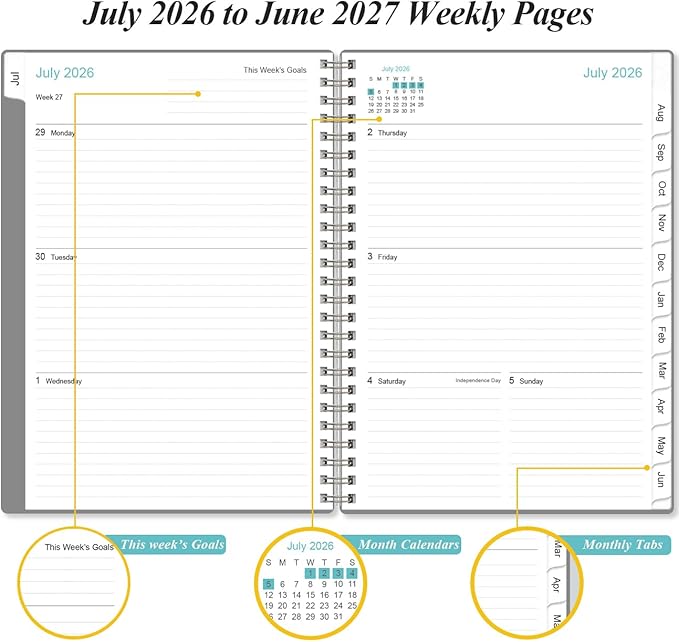 2026-2027 Planner - Weekly and Monthly Calendar Planner from Jul 2026 - Jun 2027, Planner 2026-2027 Spiral Bound with 12 Monthly Tabs, Inner Pocket, Perfect for School Office Supplies, 6.4" x 8.5", Grey-C