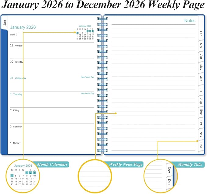 2026 Planner - Weekly & Monthly Planner from January 2026 - December 2026, Planner 2026 with Flexible Cover, Tabs, Inner Pocket, 6.4" x 8.5", Blue