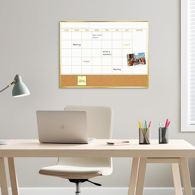 Large Dry Erase Calendar Whiteboard for Wall, 36'' x 24'' Monthly White Board Planner with Gold Frame and Corkboard, Magetic Hanging Wipe Board for Home Office School Dorm