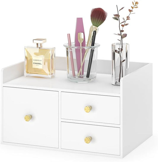 Bamboo Desk Organizer with Drawers Wooden Desktop Storage Drawers (1, White 3 Drawer)