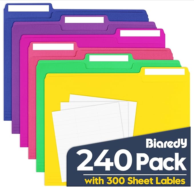 240 Pack Colored File Folders, Letter Size Paper Folders with 1/3-Cut Tabs & Blank Labels, 8.5" x 11" Bulk Durable File Folders for Office/Business/School/Law Firms Use