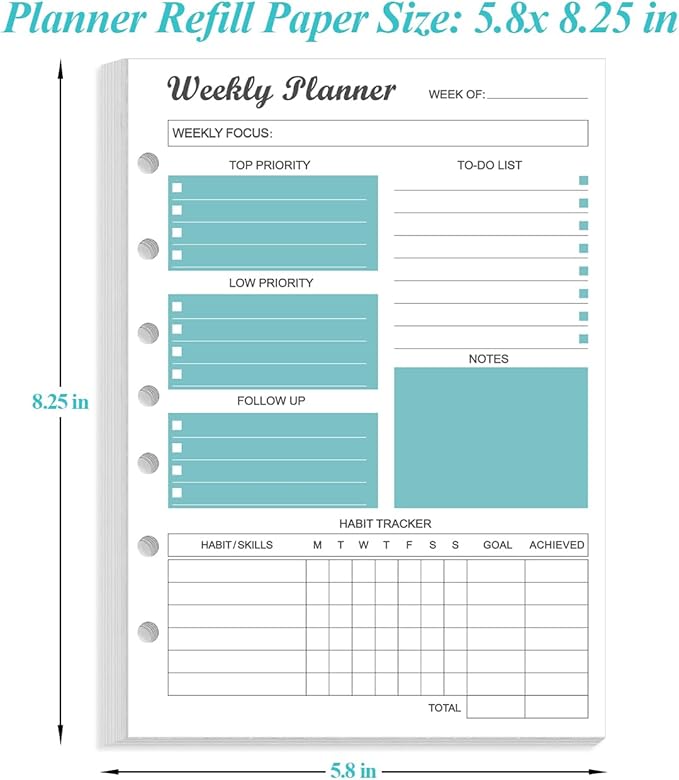7-Hole Weekly Planner Refills for Mini Binders - 53 Sheets/106 Pages Weekly Planner Paper, 100 gsm White Paper, Lasts 1 Year, Undated, 5.8" x 8.3", Teal