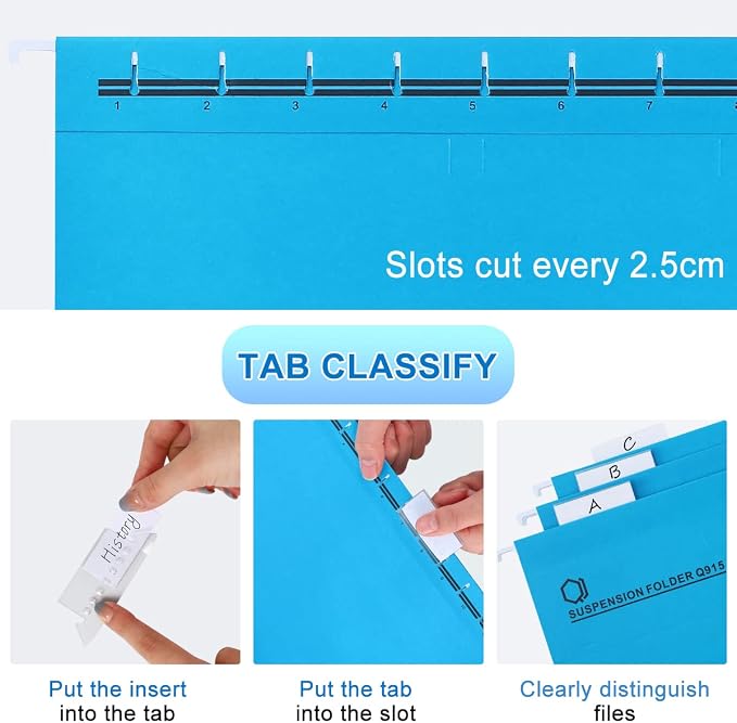 A4 Hanging File Folders, 25 Pcs Recycled Card File Folders for Filing Cabinet with Tabs and Card Inserts, Hanging Files Storage Folders for Office and School, Light Blue