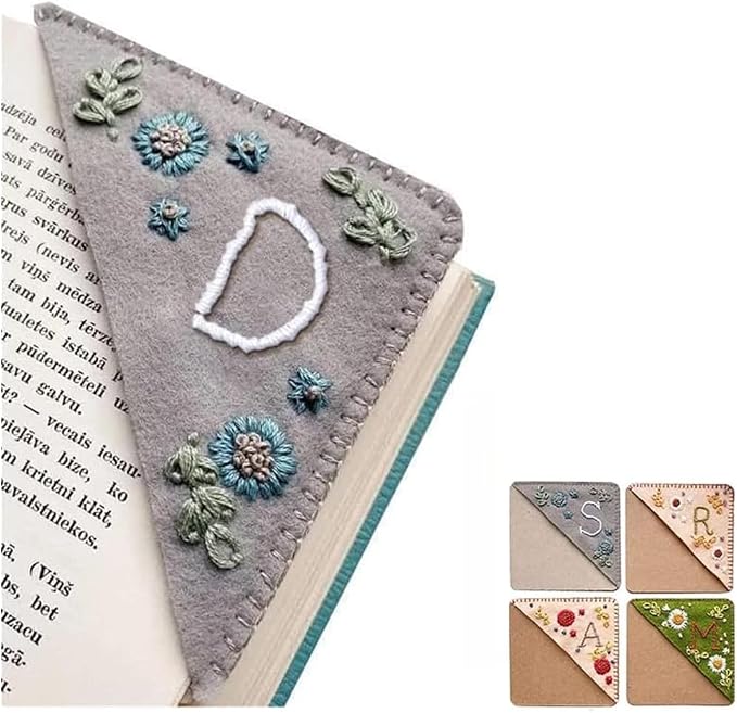 Personalized Hand Embroidered Corner Bookmark, 26 Letters Cute Flower Embroidered Corner Bookmark Embroidery Book Marker Clip for Book Lovers Bookmarks for Reading Lovers Meaningful GIF (Winter, D)