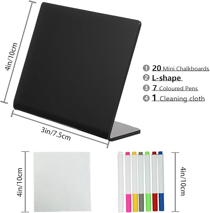 20 Pack 4"x3" V-Shaped Mini Chalkboard Signs, Self-Standing Tabletop Food Labels for Wedding, Bakery, Buffet, Easy to Write & Wipe Off, Includes 7 Color Chalk Markers, Cleaning Cloth