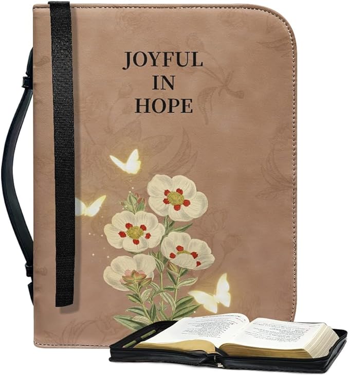 Bible Case with Handle and Zipper, Premium PU Leather Waterproof Bible Cover 11.2 x 8 x 2.2 Inches, Book Case for Standard Size Bibles with Pen Storage, Bible Accessories Gifts (Joyful)