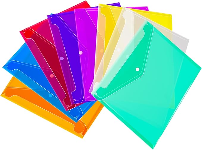 Plastic Envelopes (Pack of 8) - 8 Colors, A4 Size, Poly File Folder with Snap Closure for Home Office School Organization (12.9 x 9.25 inches)