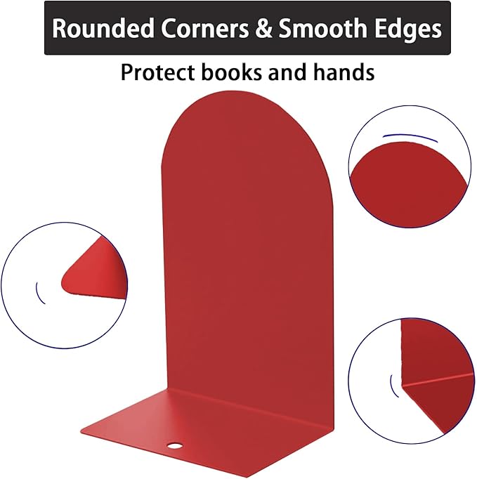 MerryNine Metal Book Ends, 2 Pack Red Bookends for Shelves, Book Holder for Heavy Books, Book End for Kids Books, Decoration Bookend for Home Office (2, Red)
